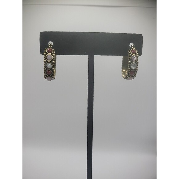 Vintage Gold Tone Hoop Earrings Stones Pierced Jewelry Costume - Picture 2 of 10